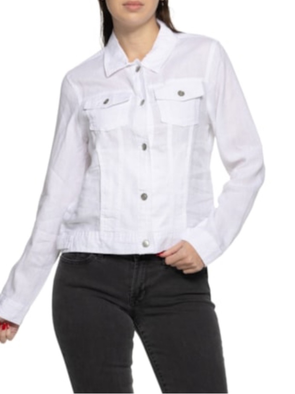 100% Linen White Women's Button-Front Jacket by Jones & Co size S